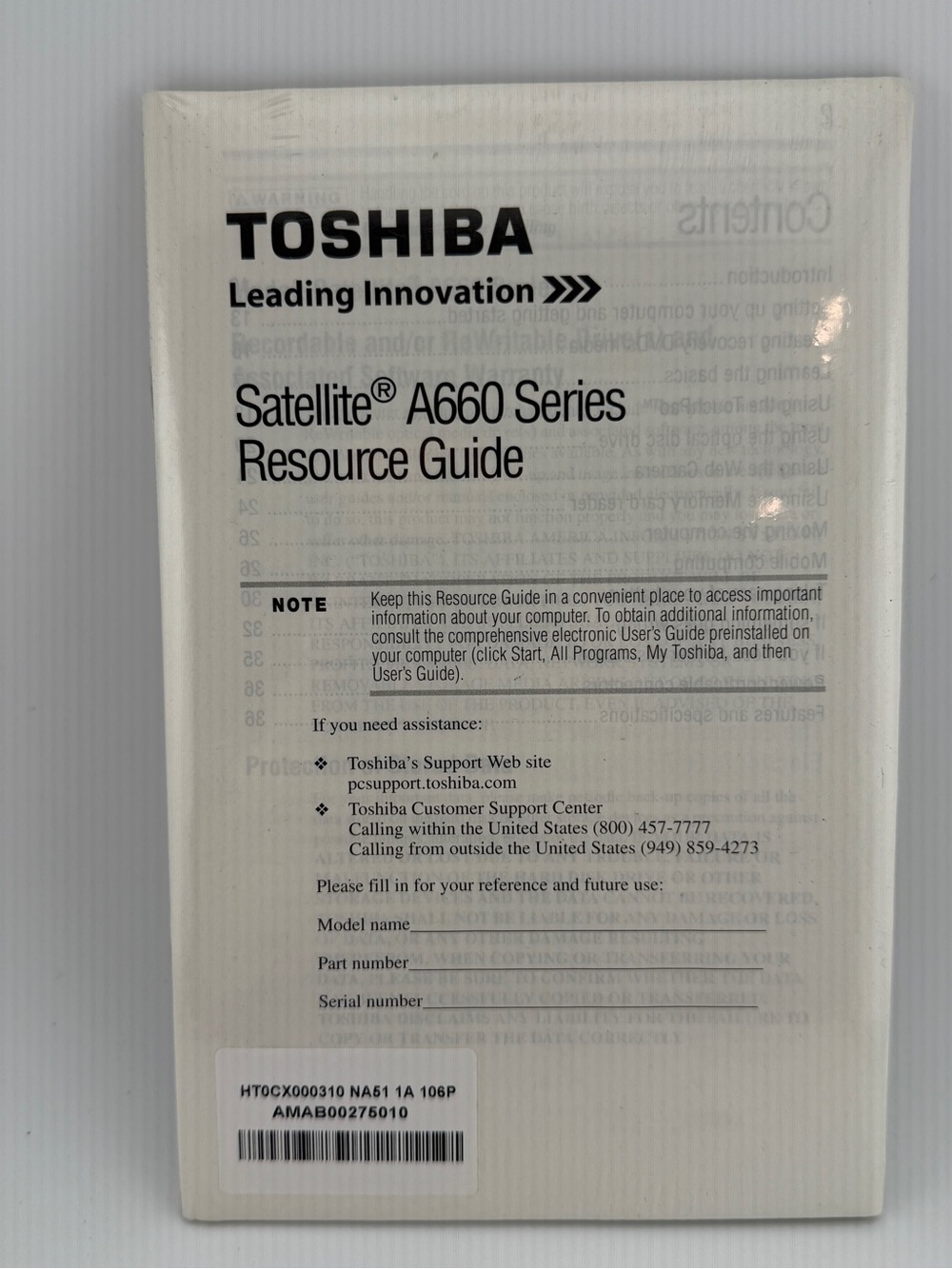 New Sealed Toshiba Satellite A660 Series Resource Guide Sealed